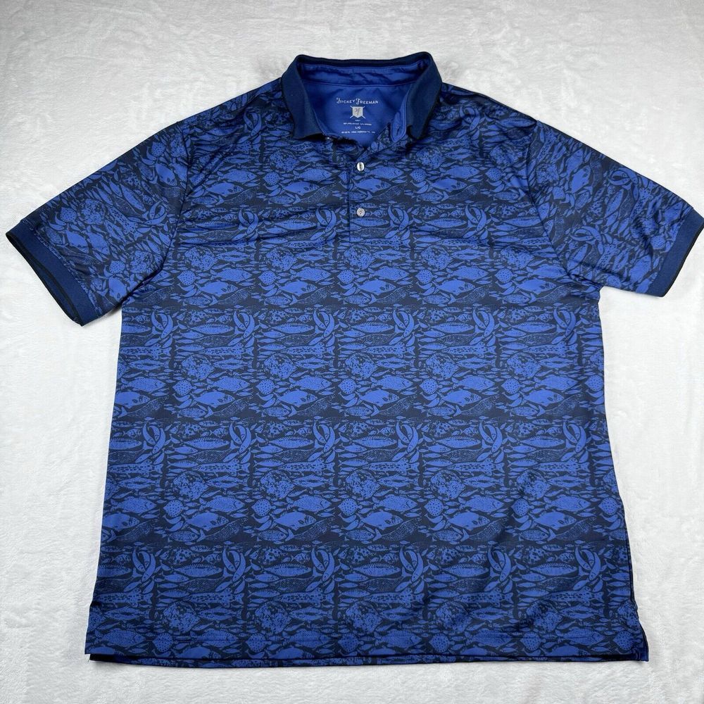 Hickey Freeman Polo Shirt‎ Mens Large Golf Stretch Fish AOP Performance Casual